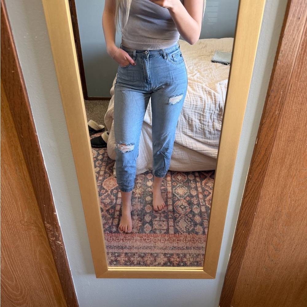 KanCan Light Blue High-Rise Cropped Distressed Jeans